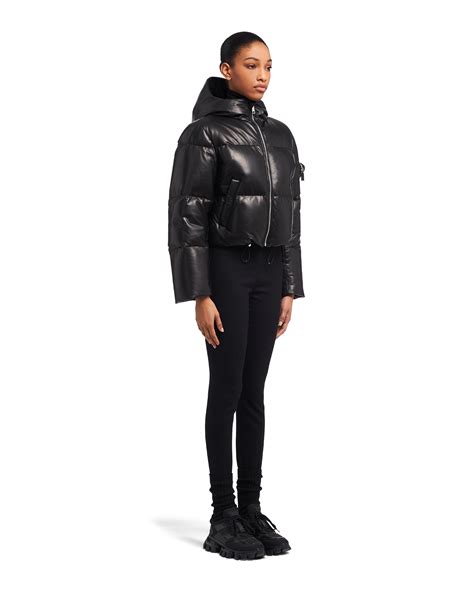 Black Nappa leather hooded down jacket 